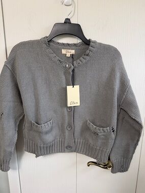 Elan Gray Button-Front Distressed-Trim Knit Cardigan